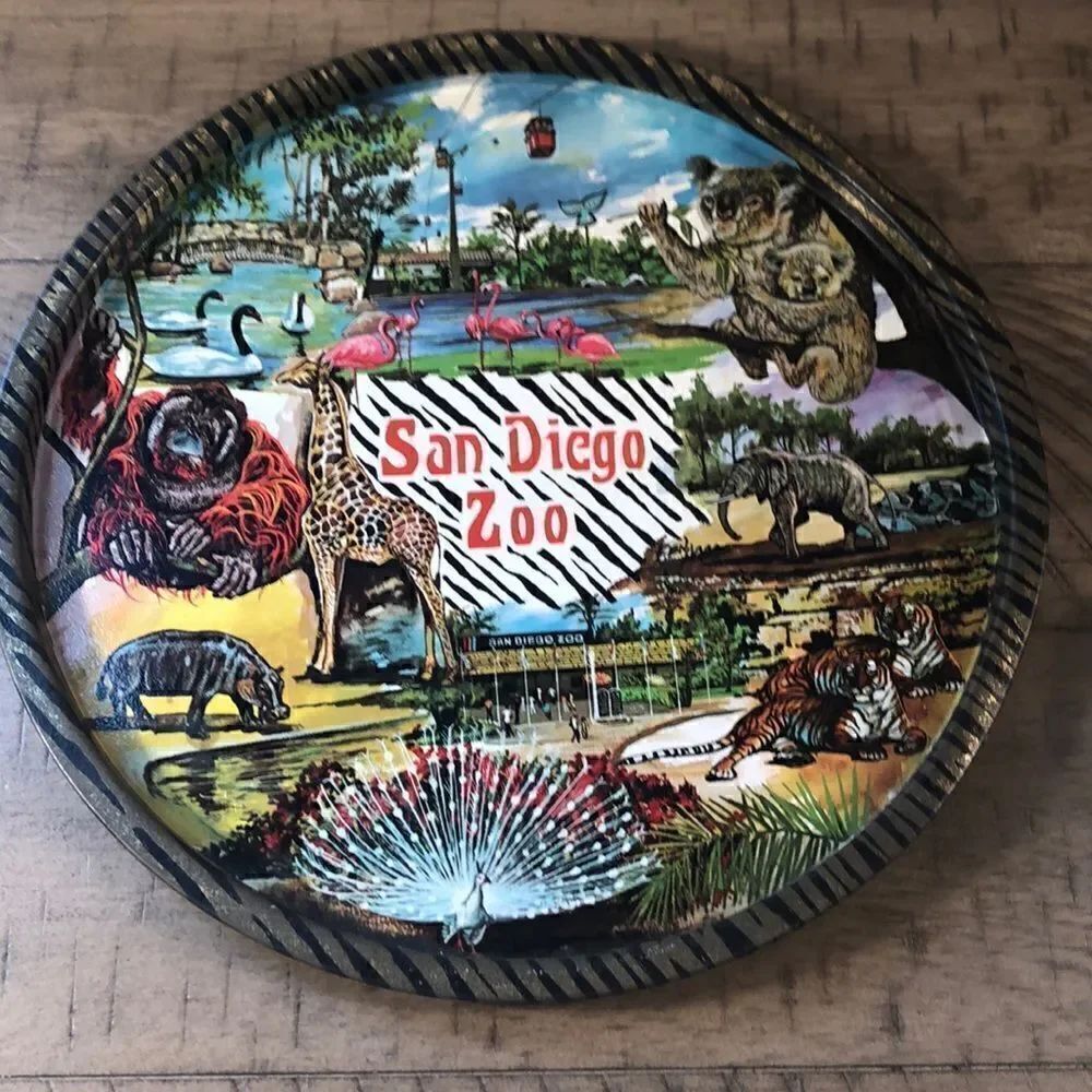 San Diego Zoo 1970s Vintage Handpainted Tray featuring SkyPark 🐅 🦏 🐨 🦧 🦒